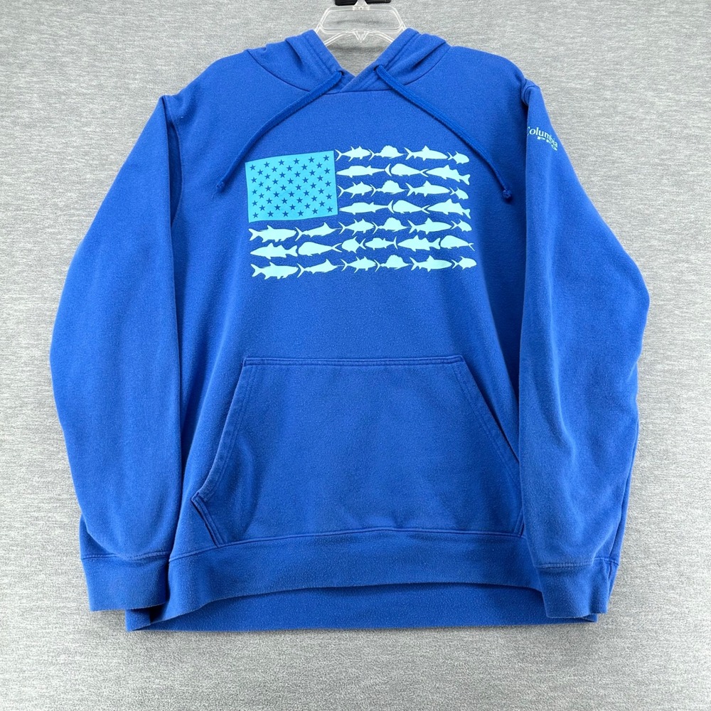 Columbia Hoodie Mens XL Blue PFG Fish Flag Graphic Pullover Sweatshirt Fleece